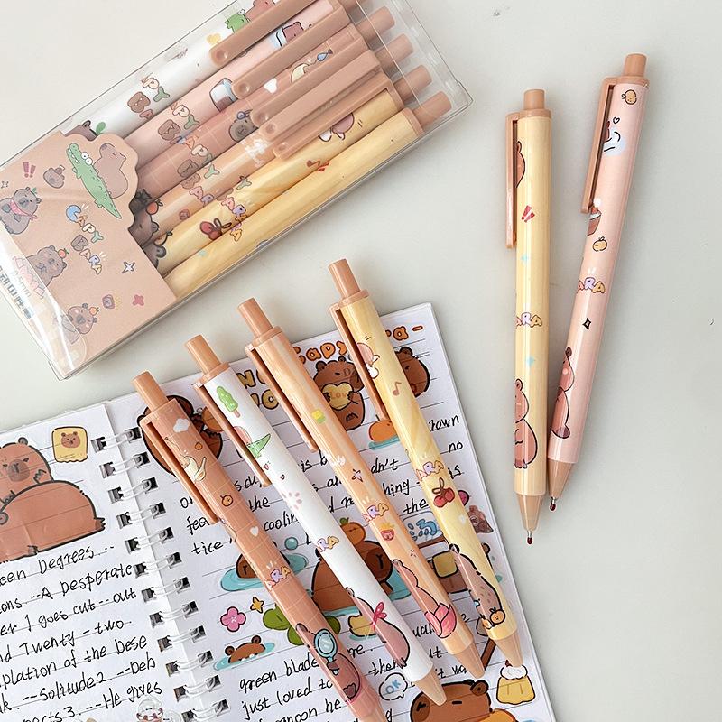 6Pcs Kawaii Cute Capybara Gel Pen Quick-Drying Writing Smooth Pen Cartoon Pressing Neutral Pen School Supplies Stationery
