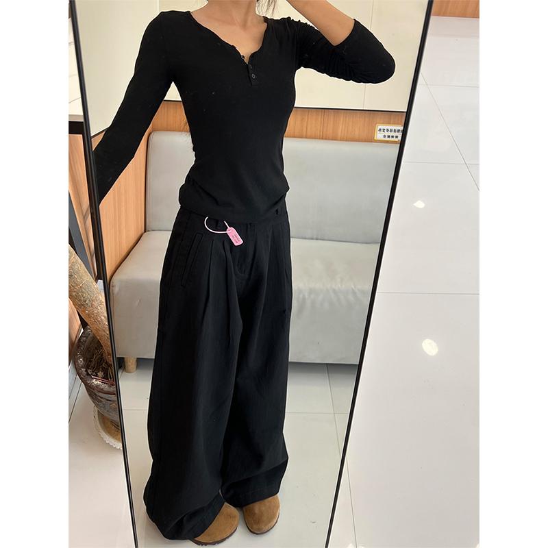 Women's Big American Style Black Wide-Leg Jeans, Autumn/Winter Pear Shape, Floor-Length, Loose Fit