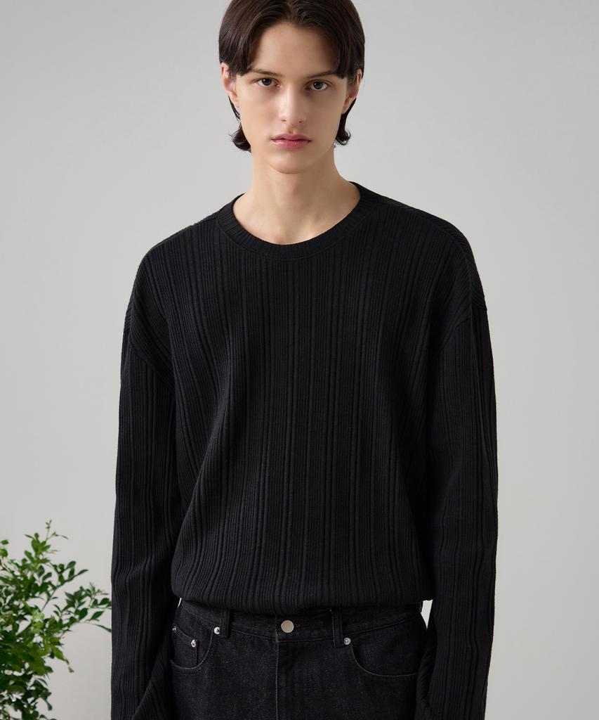 DRAW FIT Ribbed Round Neck T-Shirt [Black]