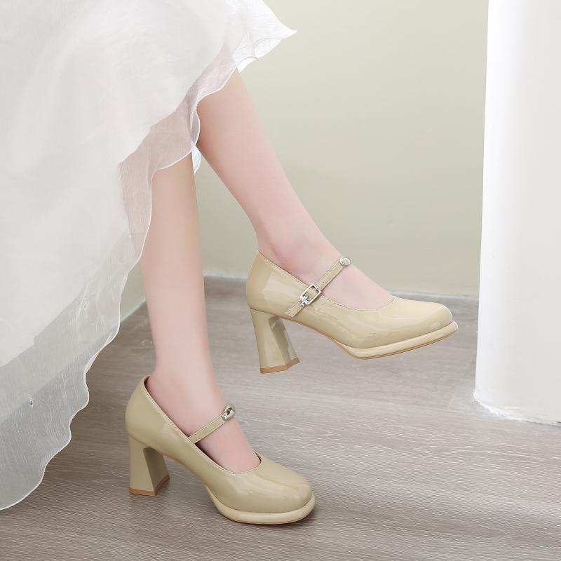 Fashion Summer High Heels Women's Square Head Shallow Mouth Bright Leather Metal Buckle Line with Anti-slip Wear Shoes
