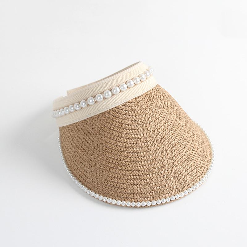 Summer Woman Straw Pearl Decor Sun Hats Antiuv Female Outdoor Hand Made Cap Casual Shade Hat Empty Top Hat Beach Vacation Visor