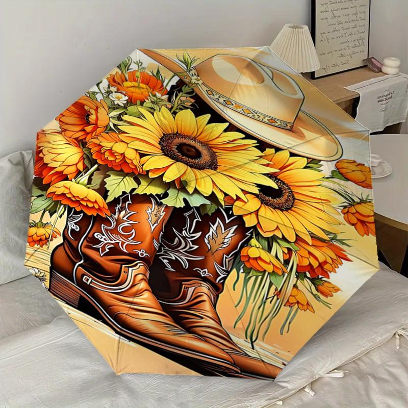 Cowboy Boots with Sunflowers Umbrella- Western Style Cowboy Hat and Boots for Men Women - Festival Gift Idea - Outdoor Rain Umbrella with Au