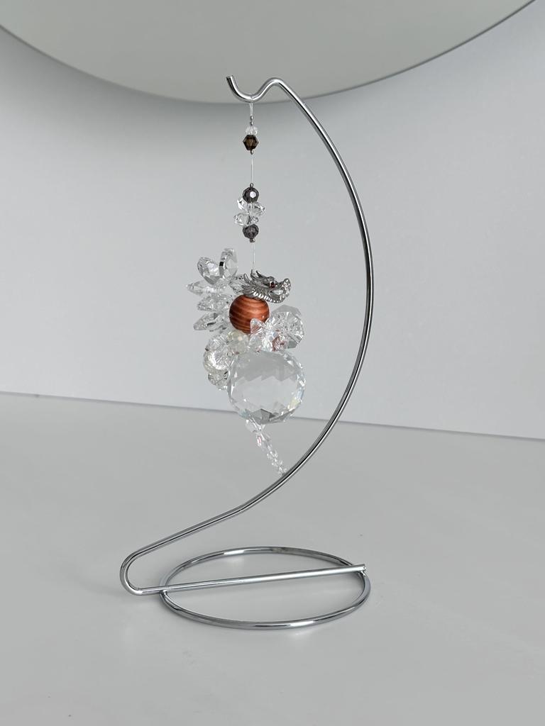 RELIGHT Rising Dragon Crystal Glass Suncatcher with Stand, Feng Shui Decor (Coiled Dragon, Silver)