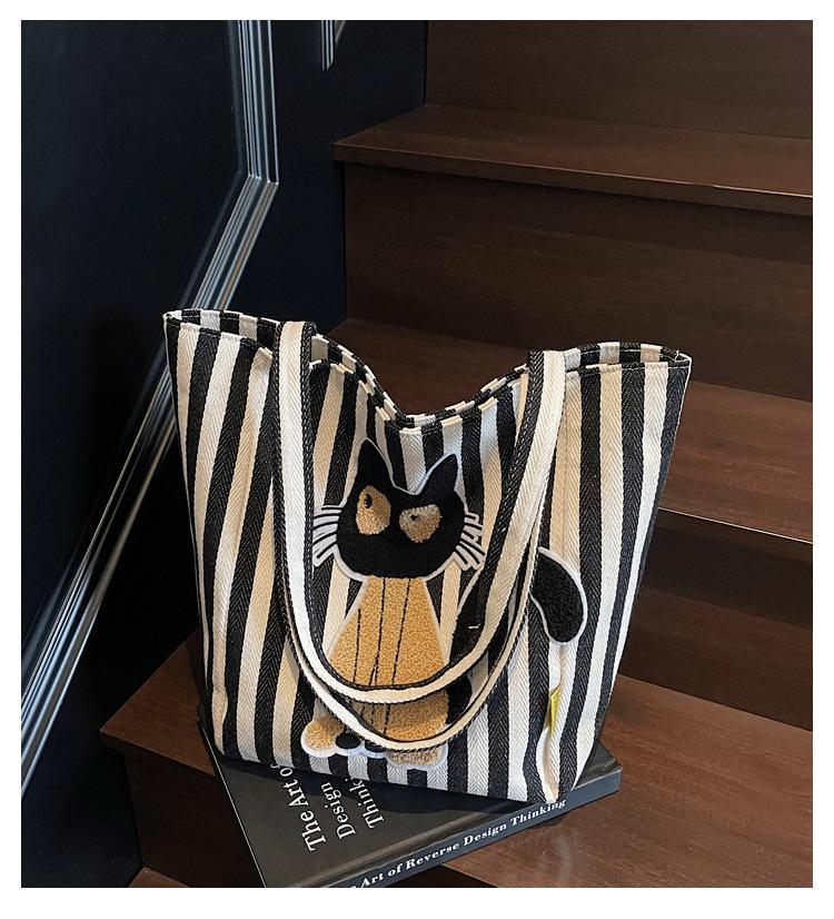 Korean Striped Cartoon Chenille Embroidery Canvas Bag - Large Capacity Cute Girl's Trendy Tote