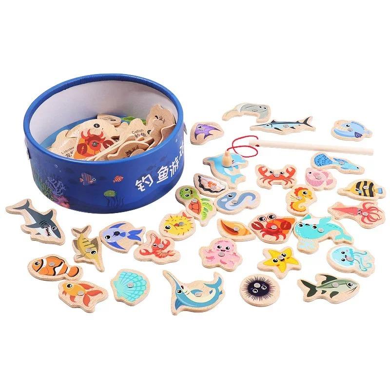 Fishing Toys@ Montessori Wooden For Children Magnetic* Marine Life Cognition Fish Games|Parent-Child Interactive Educational Toy