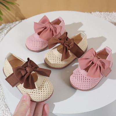 Toddler Kids Princess Shoes Big Bows Weave Soft Sole Girls Flat Shoes Round Toes 2025 New Fashion Baby Walking Shoes Comfortable
