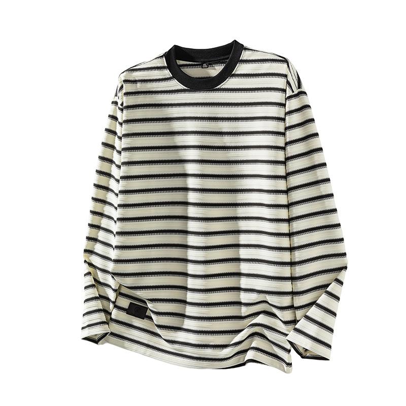 

Осень Новая Футболка с Круглым Вырезом и Полосатой Текстурой Мужской Пуловер Топ с Длинным Рукавом Базовая Футболка 4XL