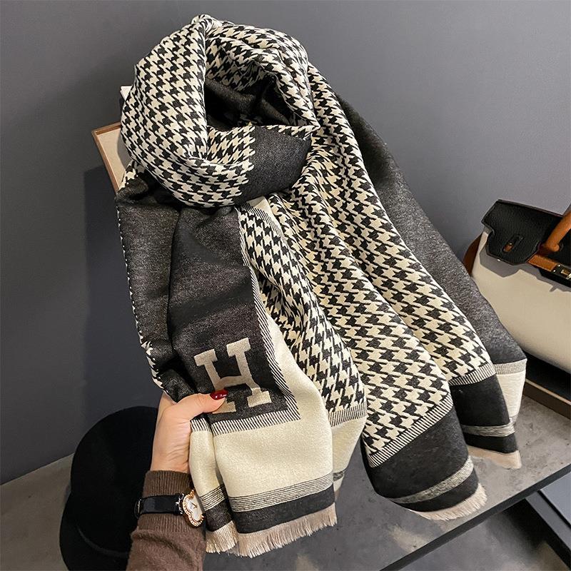 New Autumn and Winter Imitation Cashmere Scarf for Women European and American Style Iron Tower Pattern  Warm Outer Wear Multi Purpose Scarf