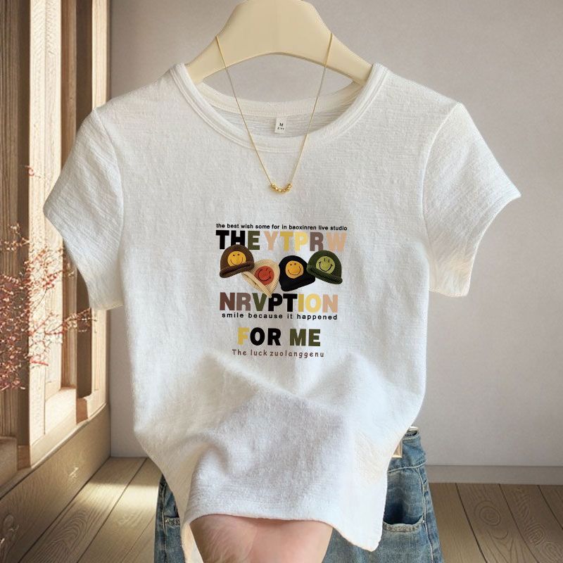 Summer Cotton Linen Round Neck Printed T-shirt Casual Short-sleeved Fashion New Style Slim Top