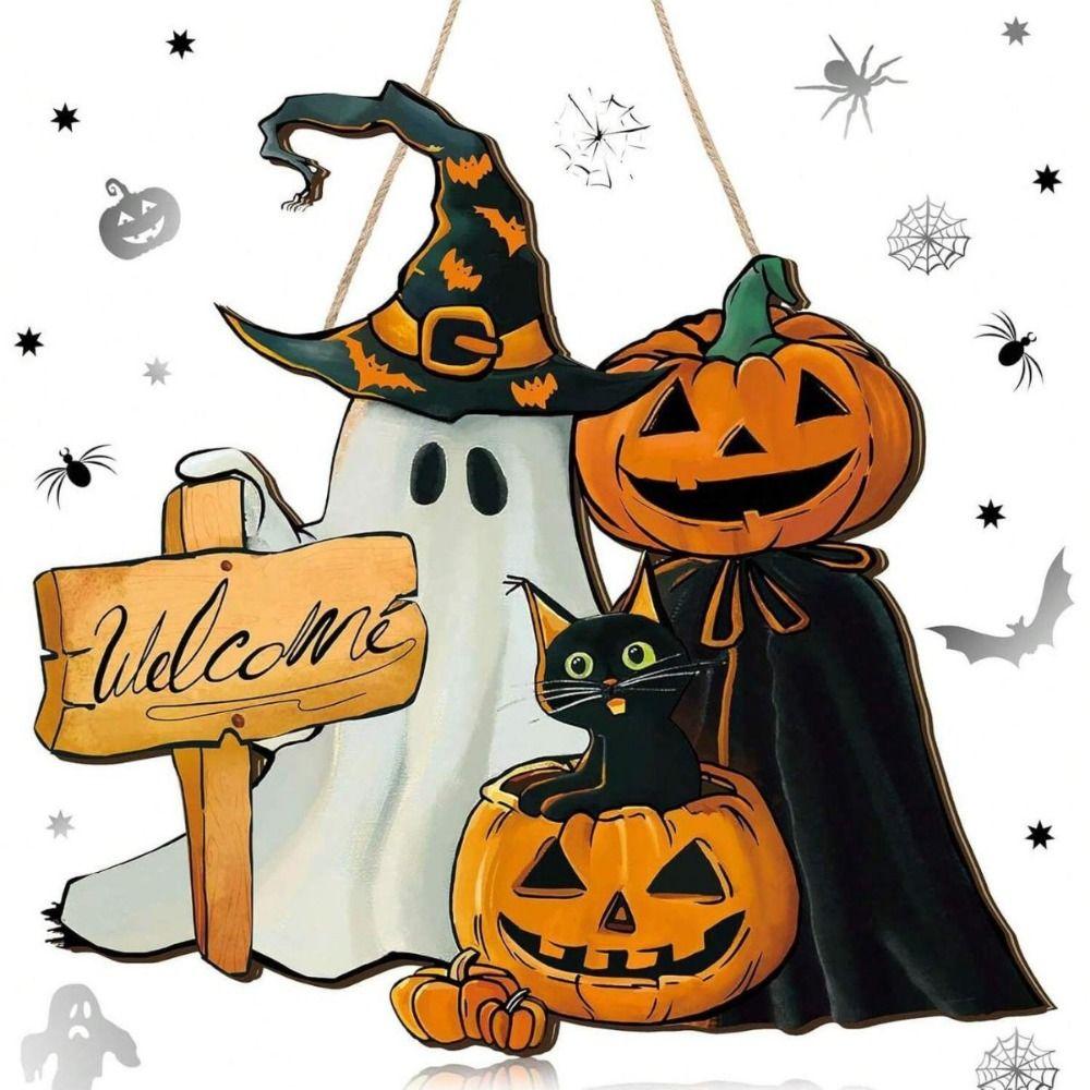 Wooden Spooky Halloween Welcome Door Sign Funny Cute Ghost Cat Pumpkin Hanger Wreath Cartoon Creative Wall Hanging Pendant Props
