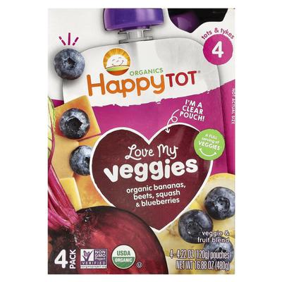 Happy Family Organics Happy Tot, Love My Veggie, Stage 4, Organic Banana, Beets, Squash and Blueberries, 4 Pouches, 4.22 Oz (120 G) Each
