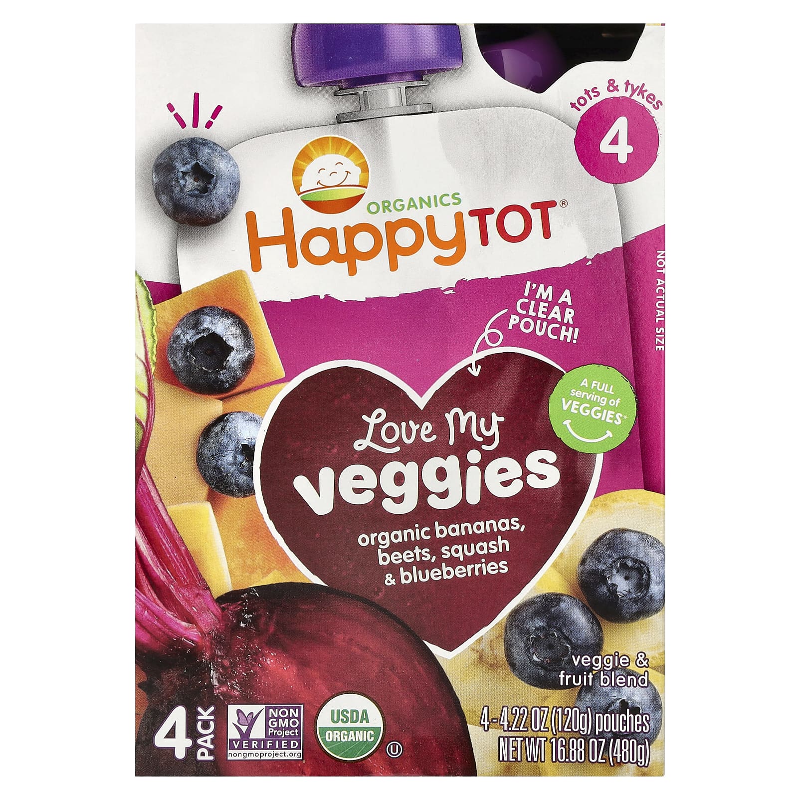 

Happy Family Organics, Happy Tot, Love My Veggie, Stage 4, органический банан, свекла, кабачок и черника, 4 пакетика, 4,22 унции (120 г) каждый