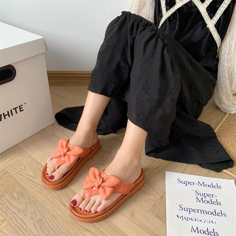 Cute Women Summer Wave Point Bow Slippers Outer Wear Fashion Thick-soled Indoor Herringbone Home Sandals Beach Shoes