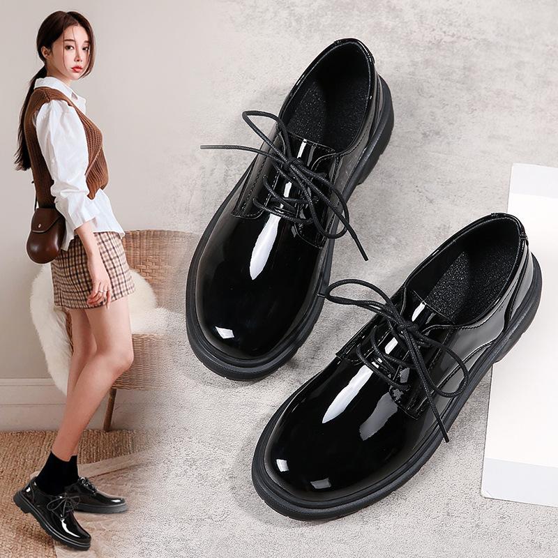 Platform Loafers Single Shoes British Style Small Leather Shoes Spring Thick Heel Lace-Up College Shoes Women