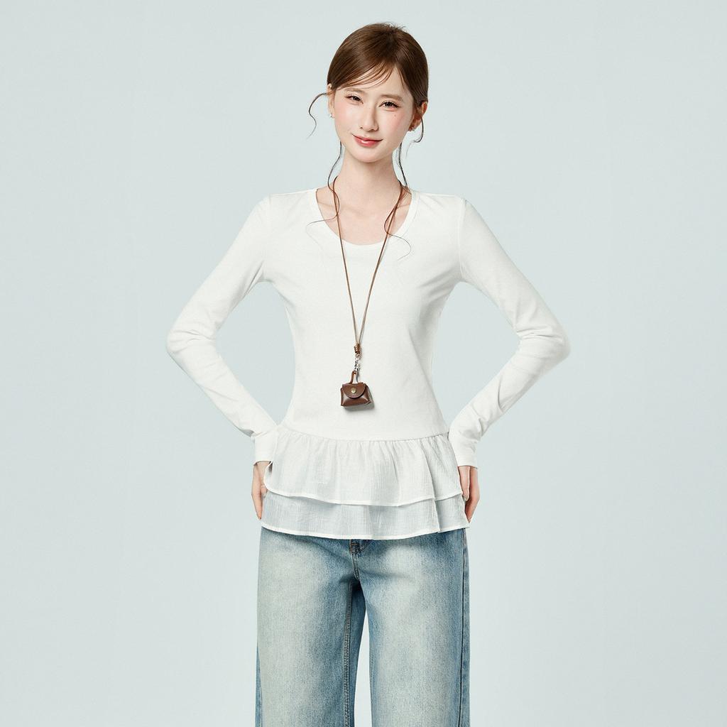 Design sense white round neck lace hem long-sleeved T-shirt winter new bottoming shirt with slim top women's clothing