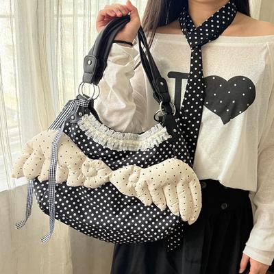 Y2k Polka Dot Flügel Tragetasche Doppelseitiger Spitzenbesatz Schultertasche Große Kapazität Harajuku Stil Leinwand Handtasche Niedliche Lässige Tasche