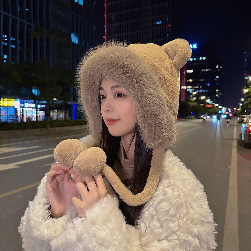 Winter hat, scarf, integrated thickened scarf, cute versatile cycling warm, fleece ear protectors, hooded warm hat