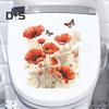 Red Flower Butterflies Toilet Sticker Removable Self-adhesive Waterproof PVC Living Room Bathroom Wall Art Floral Toilet Lid Decoration Decal