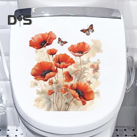 Red Flower Butterflies Toilet Sticker Removable Self-adhesive Waterproof PVC Living Room Bathroom Wall Art Floral Toilet Lid Decoration Decal