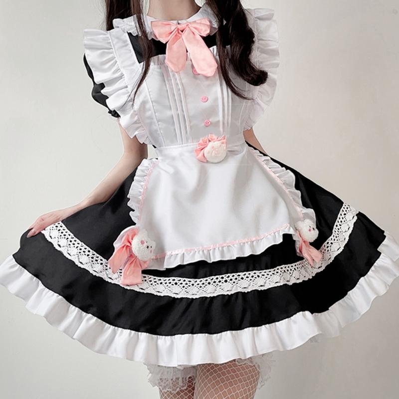 Sweet Maid Outfit Women Anime Maid Costume Fancy Dress Cosplays Costume Maid Dress with Sock Headwear Apron Bustel