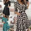 Women Dress Butterfly Print V Neck Lace Up Long Sleeve Evening Dress