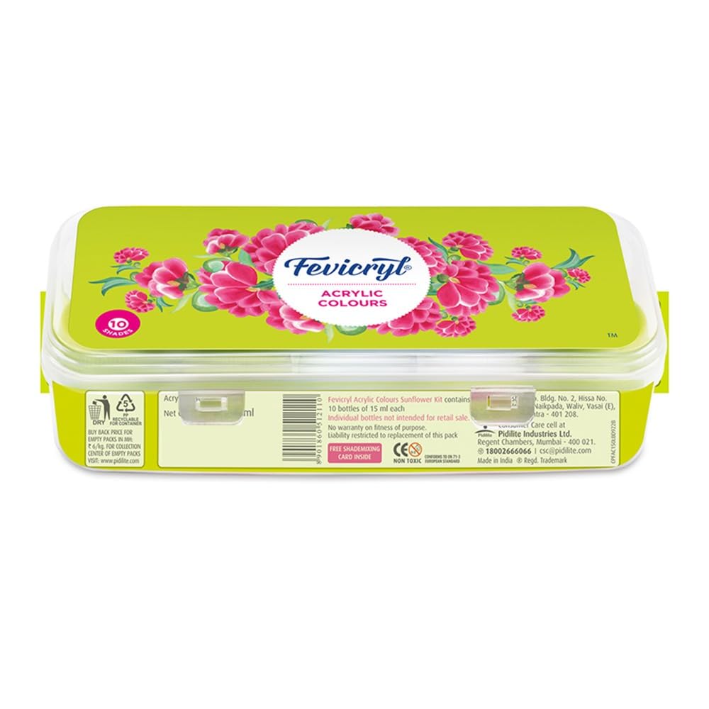 Fevicryl Colori Acrilici Kit Girasole 10 Colori x 15 ml Set Pittura Acrilica Fai da Te per Tela Legno Pelle Metallo Arte
