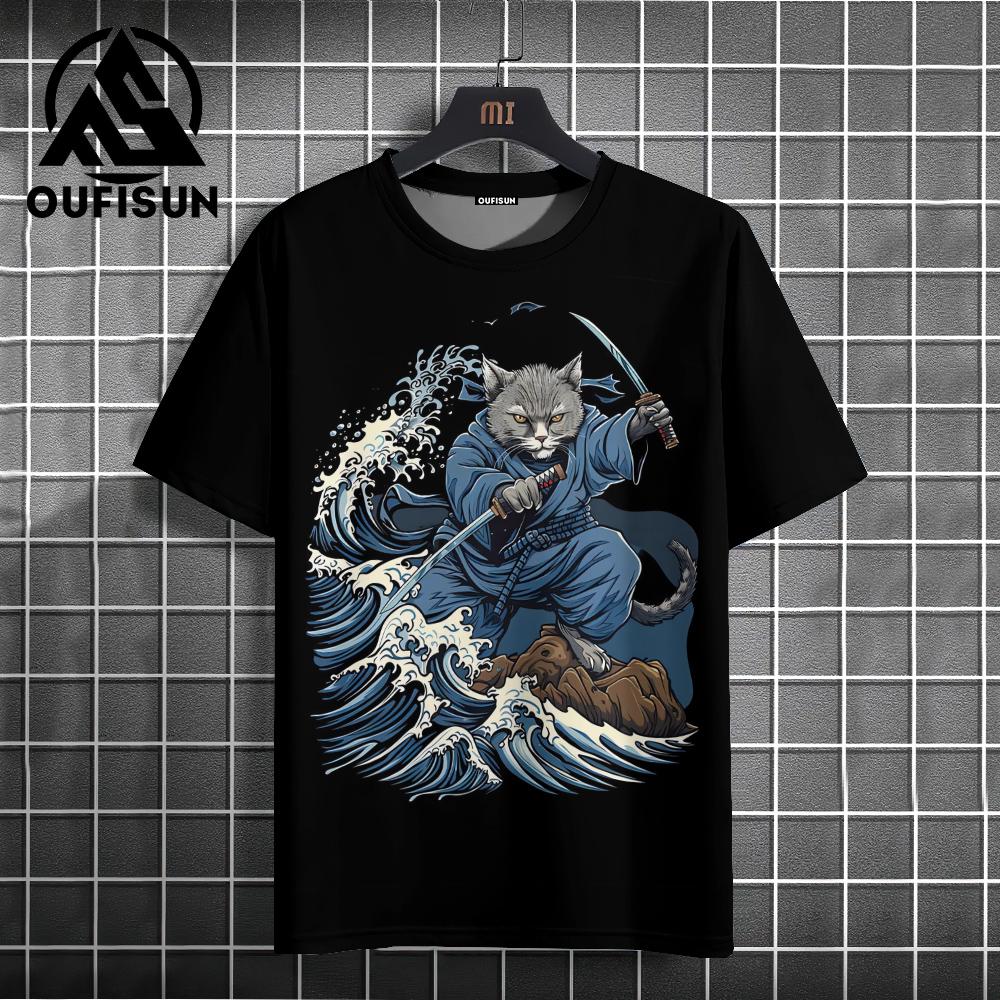 Samurai Cat T-Shirt Men's Japanese Shirt Black Short Sleeve T-Shirt