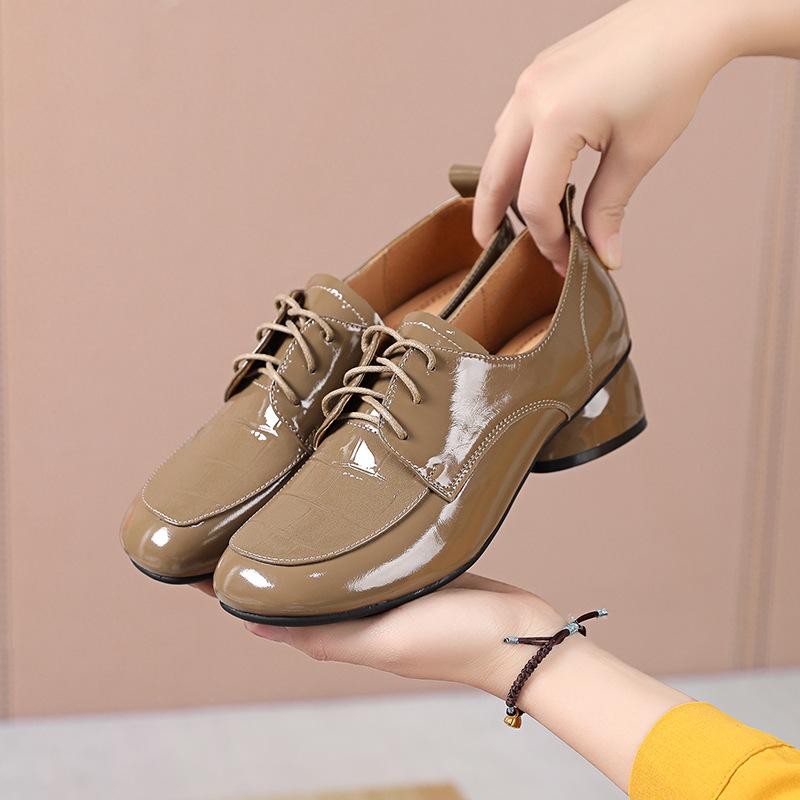 Thick Heel Shoes Women's 2025 Spring New British Style Cowhide Lace Up Women's Shoes With Deep Mouth Genuine Leather Ladies Shoe