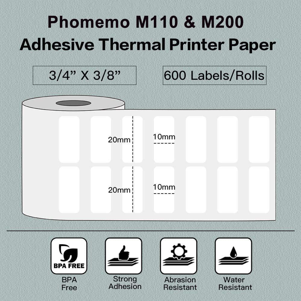 Phomemo White 20x10mm Thermal Labels, Self-Adhesive, 600-Pack for M110/M200 Printers