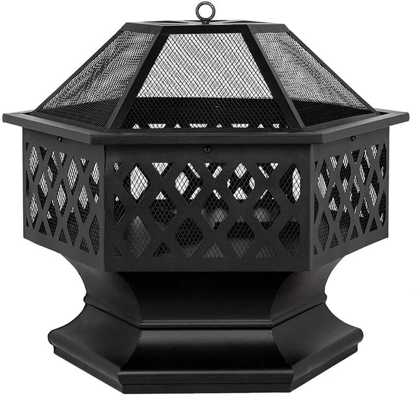 Portable Courtyard Metal Fire Pit 22" Hexagonal Shaped Iron Brazier Wood Burning Fire Pit Decoration for Backyard Poolside
