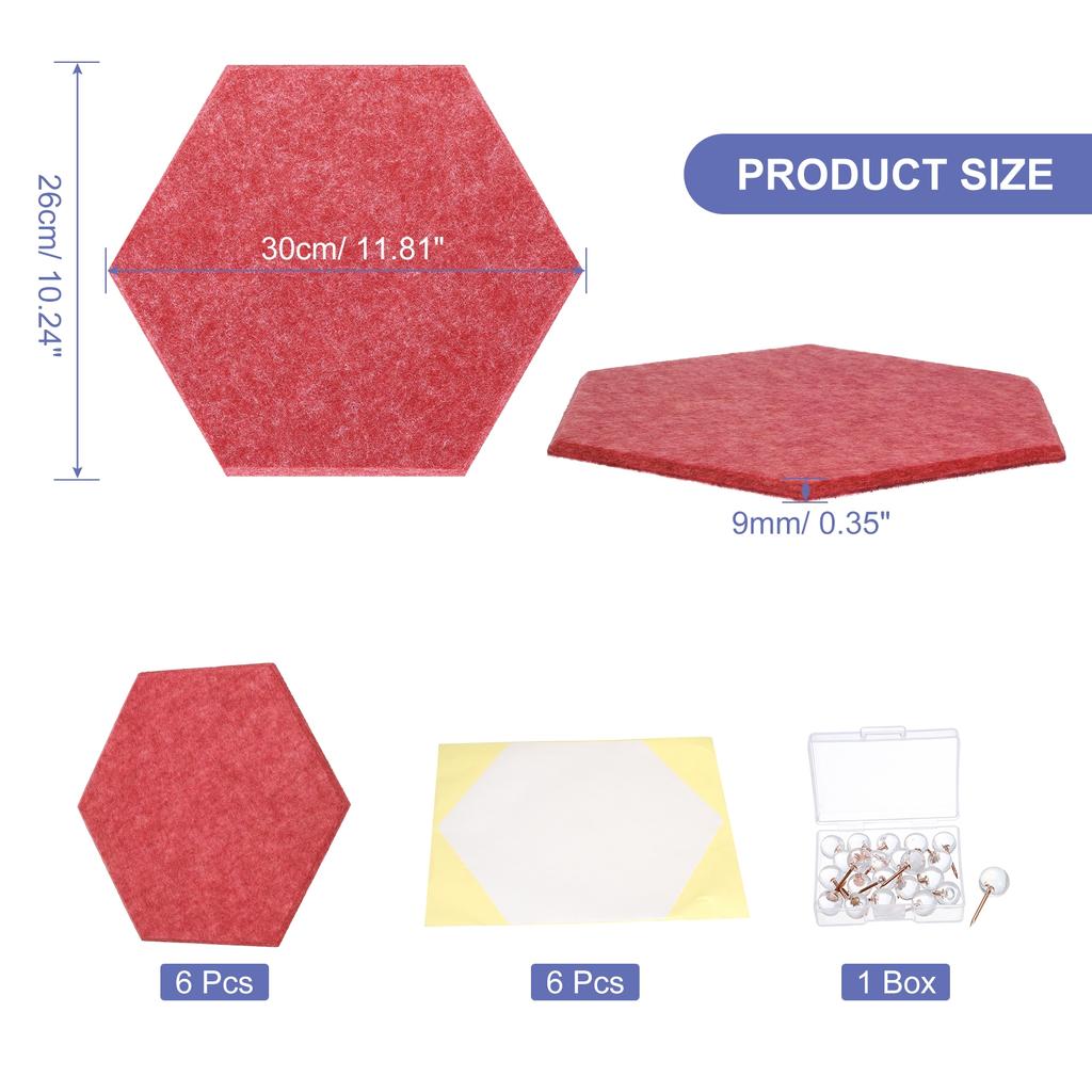6Pc 12"x10" Felt Bulletin Board Self Adhesive Hexagon Felt Tiles for Sound Proofing Wall Panels for Home Office Recording Studio