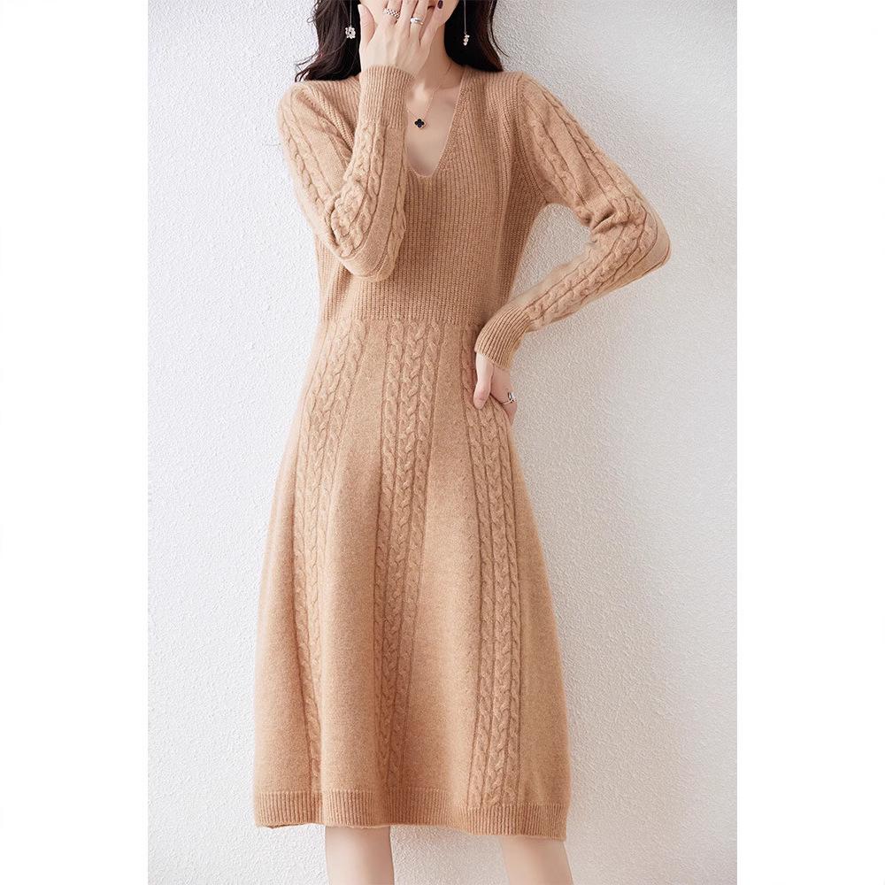 

Women s Extra-Long V-Neck 100% Wool Knitted Dress with Thickened Waist-Cinching Skirt - Autumn/Winter Collection M (100-110 lbs)