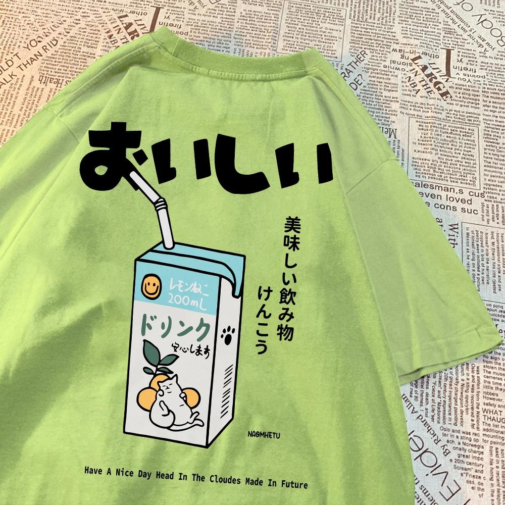 Cute Japanese cat print oversized T-shirt for children, short sleeved loose casual T-shirt