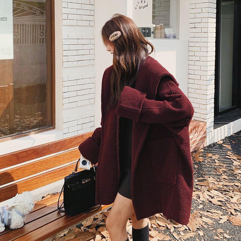 Red Thick Hooded Wool Coat Women Winter Fashion Cape Cloak Jacket Warm Outerwear