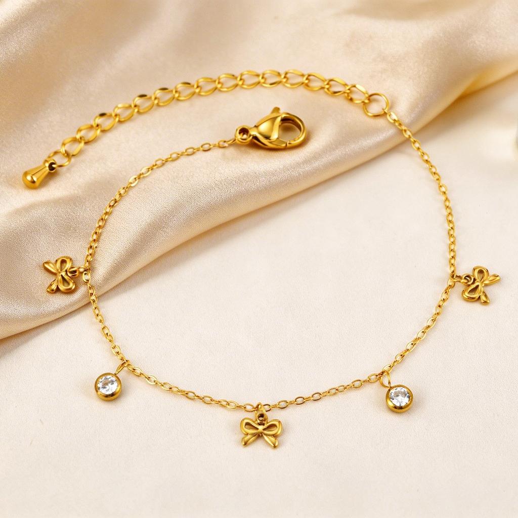 Bow Bracelet for Women 18K Gold Plated Non-Tarnish Waterproof Stainless Steel Dainty CZ Jewelry Minimalist Stackable Ribbon Gift