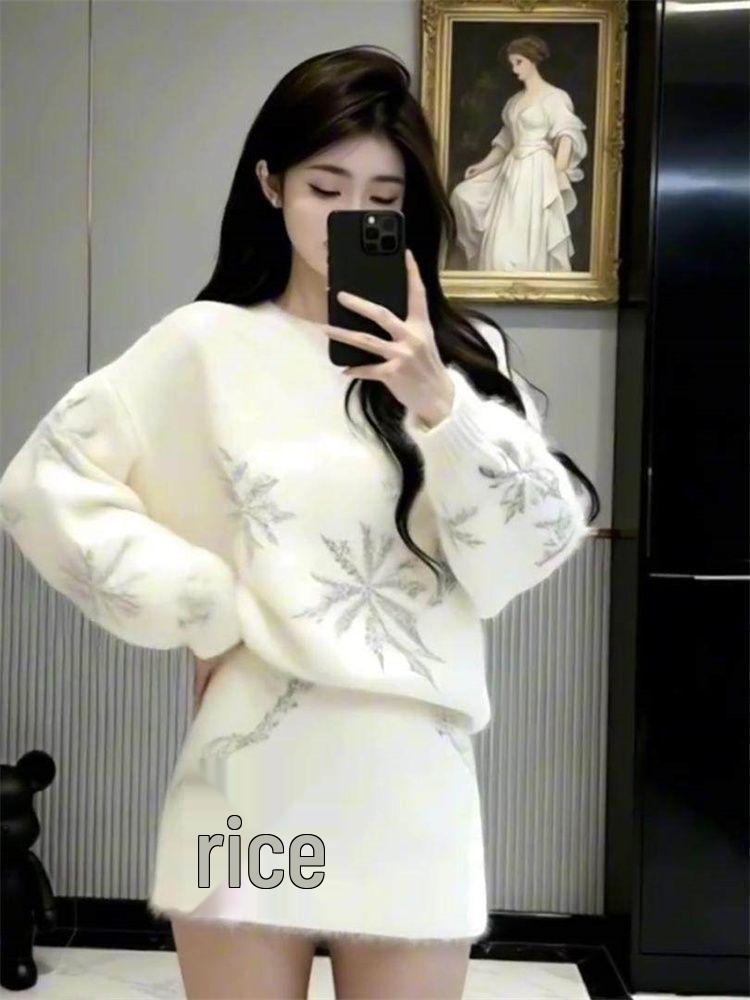 Sweet Style Snowflake Sweater & Skirt Set for Women - 2026 Autumn/Winter Collection
