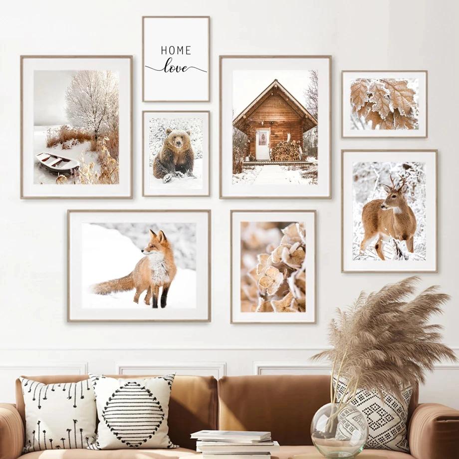 Snow Animals Leaves Forest Winter Nature Scenery Canvas Painting Wall Art Posters and Prints Living Room Bedroom Home Decor Gift