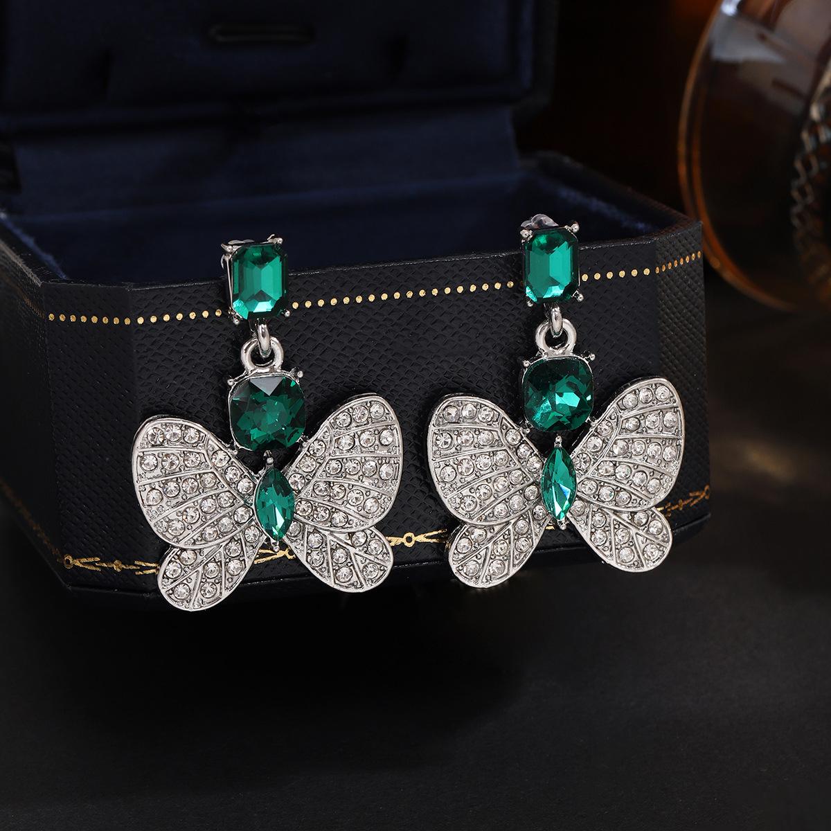

Silver Needle Vintage Rhinestone Butterfly & Emerald Square Earrings for Women