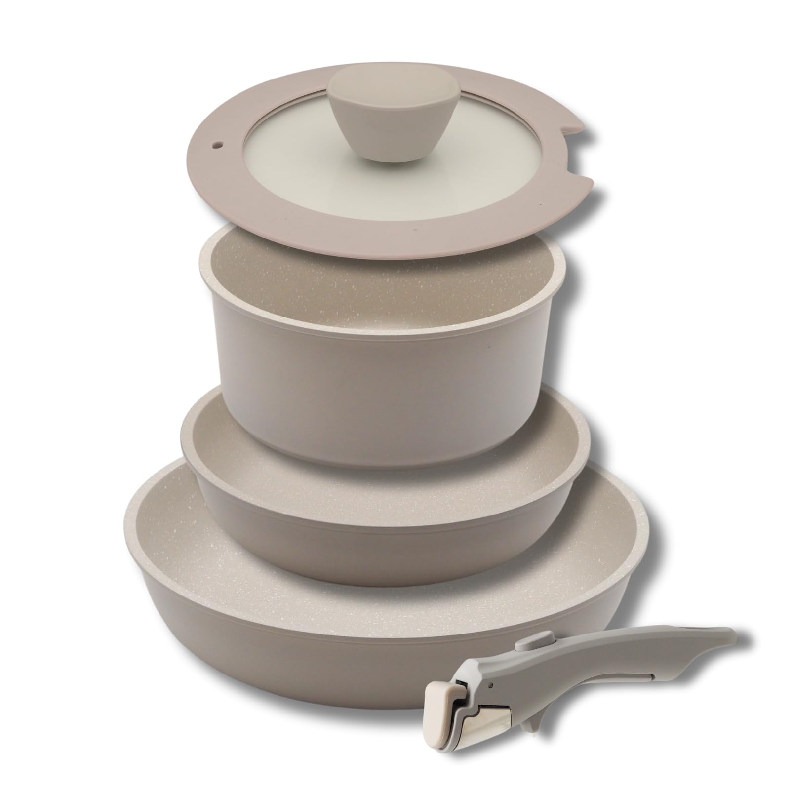 

Kevnhaun 5-Piece Set of Detachable Handle Frying Pans and Pots - Induction, Gas, and Oven Compatible - Three-Layer Non-Stick Coating - Non-Stick - 18c