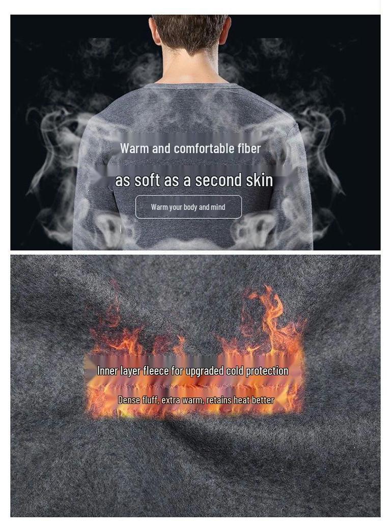 Men's Fleece-Lined Warm Underwear Set: Cotton Sweater Base Layer & Thick Trousers for Autumn/Winter