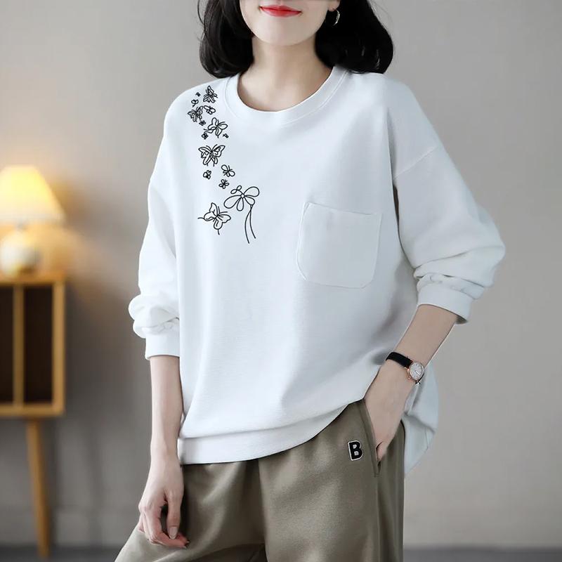 Sweatshirt für Damen Baumwolle Locker Oversized Verdickt Bequem Rundhals Lässiges Pullover-Top Sweatshirt