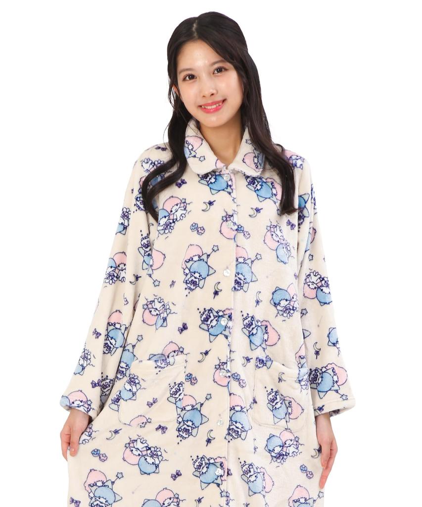 SAZAC KikiLala Nightgown Pajama Dress, Women's, Fluffy Twin Stars Print, Long Sleeve, Open Front, Fall/Winter Flannel Loungewear (Ivory/M-L/san1983)