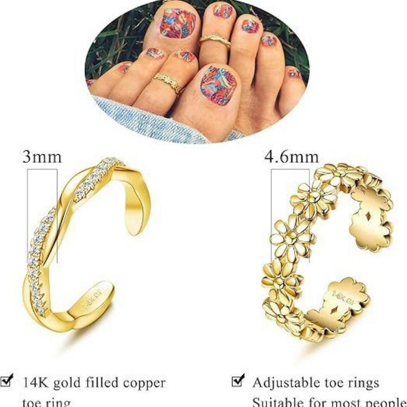 14K Gold-Platiniert Verstellbarer Zirkon Fußring Zweiteiliges Set für Damen während des Sommer-Strandurlaubs Zehenring Schmuck Zubehör