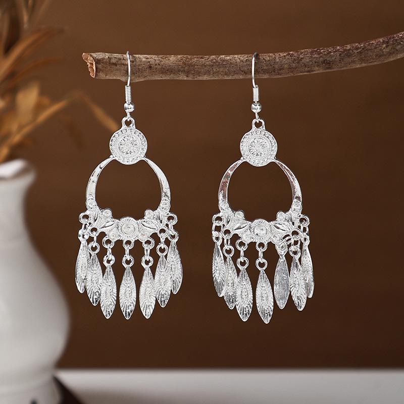 Ethnic Miao Silver Tassel Earrings - Retro Long Dangle Scenic Studs for Women
