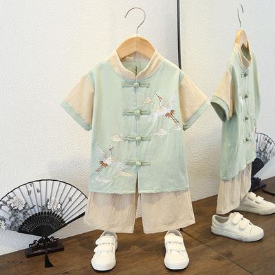 Boys Summer Hanfu Tang Suit Chinese Style Two-piece Outfit Kids Breathable Cotton Linen Dress June 1 Performance Show Clothes For Children