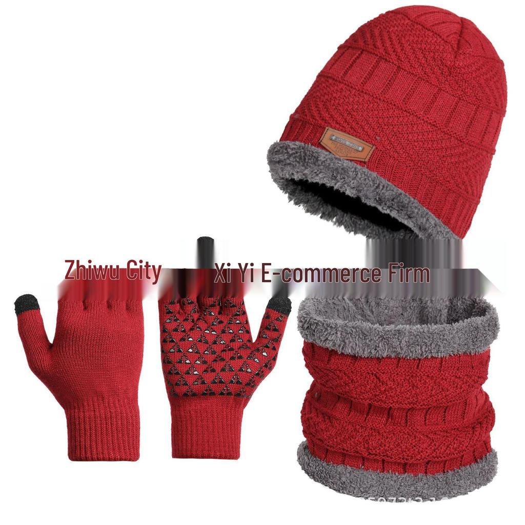 Men's Three-Piece Winter Set: Knitted Wool Hat, Scarf, and Touchscreen Gloves with Plus Velvet Warmth