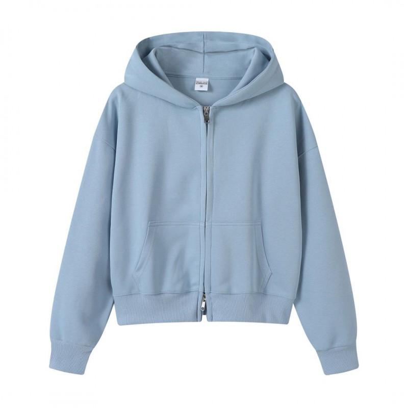 Korean Style Womens Short Hooded Zip-Up Cotton Blend Sweatshirt Loose Fit Winter Casual Top