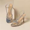 Fashion French Rhinestone High Heels For Women Slender Heels With Exposed Toes Sexy Fairy Style One-Shoulder Silver Thin Strap Sandals