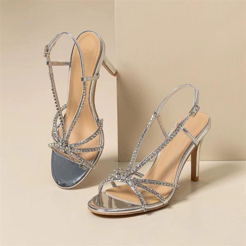Fashion French Rhinestone High Heels For Women Slender Heels With Exposed Toes Sexy Fairy Style One-Shoulder Silver Thin Strap Sandals