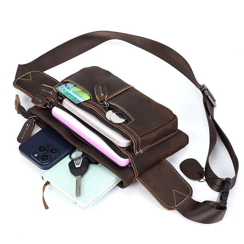 New Chest Bag, Retro Men's Bag, Leather Waist Bag, Outdoor Sports Small Bag, Cowhide Shoulder Bag, Motorcycle Bag, Multifunctional